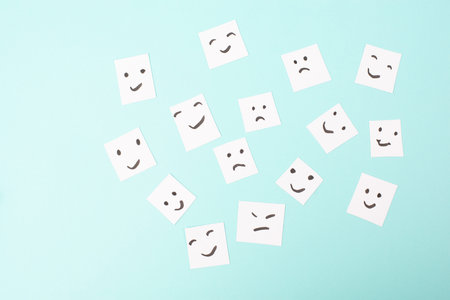 Happy smiling face spread happiness to sad faces, mental health and attitude, positive and negative...
