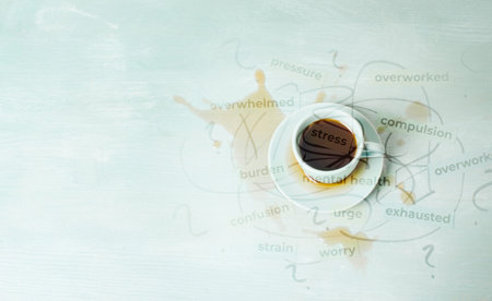 Cup of coffee with spilled drink, stress, overworked and pressure concept, exhaustion and confusion,...