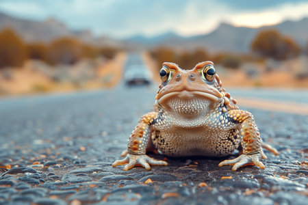 Toad crossing road to spawning ground, mating season of amphibian animal, wildlife in danger, migration in springの素材