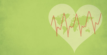 World health day, heart with world map and heartbeat, global awareness of a healthy lifestyle, attention to medical issues worldwideの写真素材
