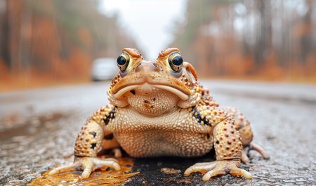 Toad crossing road to spawning ground, mating season of amphibian animal, wildlife in danger, migration in springの素材
