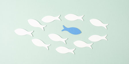 Swim against the stream concept, creative mind, brainstorming for new idea, be innovative, no limitation, individuality or follower, search for solutionの写真素材