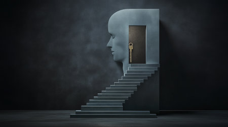 Stairway to human mind, key on door for open brain, ladder of success, brainstorming for idea, disorder and psychology conceptの写真素材