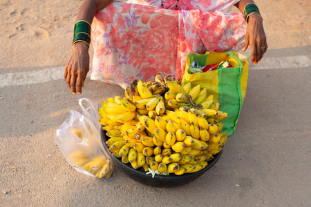 Woman selling fresh banana on a market in India, tropical fruit in basket, sale stall on the street, Indian cultureの写真素材