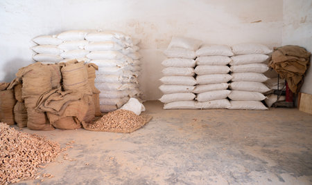 Ginger root pile, spice manufactory in India, spicy food ingredient for sale, warehouse of supply chain, Kochi, Keralaの写真素材