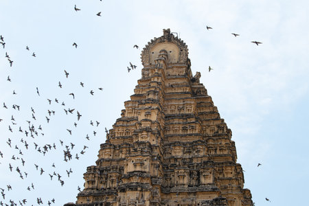 Pigeons flying around the Virupaksha temple in Hampi, South India, historic monument of the ancient Vijayanagara Empire, Hindu culture and religionの写真素材