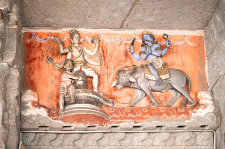 Story of Markandey, Lord Shiva and Yama, Virupaksha temple in Hampi, Vijayanagara Empire, Hinduism in India, ancient stone carved sculptureの写真素材