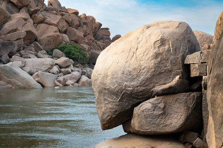 Boulder landscape of Hampi, Tungabhadra river, rocky terrain, South India, Karnataka, cyclopean granite bouldersの写真素材