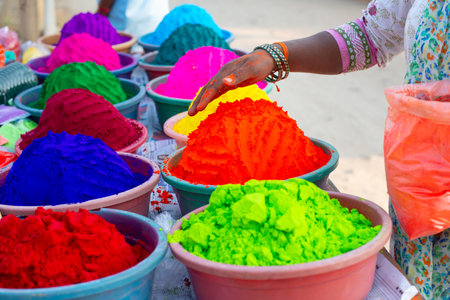 Holi festival India, market stall with colorful powder, celebrating the Hindu holiday of colors, Hinduism religion and cultureの写真素材