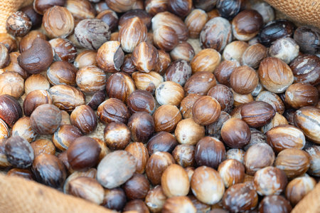 Nutmeg heap, fruit seed and ground spice, market stall in India, spicy food ingredient for sale in jute sackの写真素材
