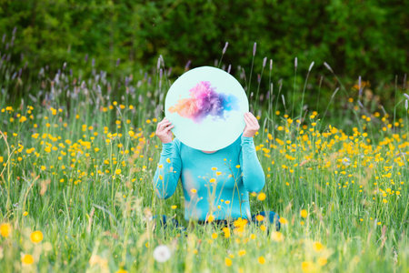 State of mind, colorful creative cloud, spring meadow, positive thoughts, emotion and attitude, self...