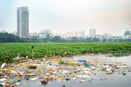 Pawai Lake and skyline of Mumbai, India, environment and plastic wasteの写真素材