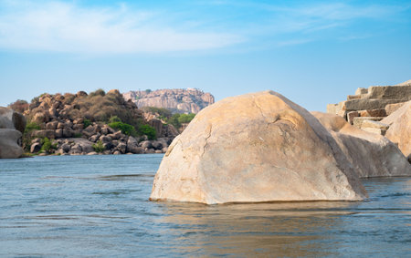 Boulder landscape of Hampi, Tungabhadra river, rocky terrain, South India, Karnataka, cyclopean granite bouldersの写真素材