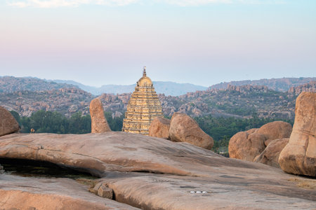 Virupaksha hinduism temple, boulder landscape in Hampi, Hemakuta Hill, South India, religious monument of ancient civilization, Vijayanagara Empireの写真素材