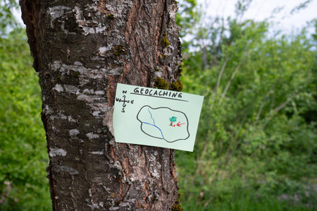 Geocaching, outdoor recreational activity, navigation to hide and seek container, geocache location in forest, treasure hunting game, note on tree trunkの写真素材