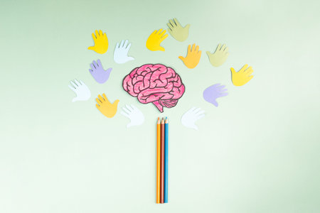 Back to school, colorful pencils, children's hands and brain building a tree, education and skill...