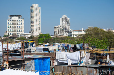 Dhobi Ghat, open air laundry in Mumbai, India, cleaned clothes hanging on clothes line to dry,...