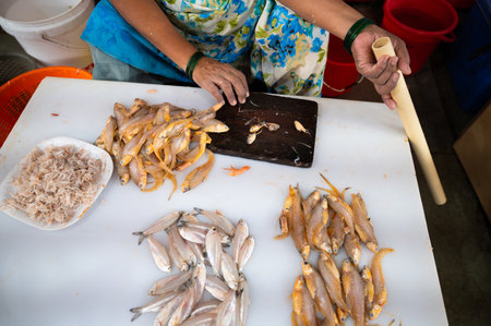 Fish market in Mumbai India, market stall with freshly caught seafood, fishing industry at the Arabian Seaの写真素材