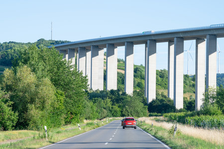 Moselle Viaduct Longuich, between Trier and Schweich, bridge of highway crossing the Mosel river in the valley, German autobahnの写真素材