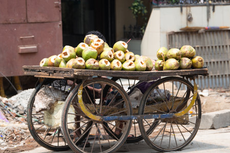 Fresh coconuts on a market stall in India, tropical fruit and milk drink, street of Mumbai, Nam Hom coconutの写真素材