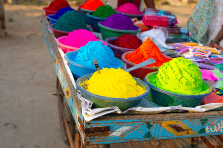 Holi festival India, market stall with colorful powder, celebrating the Hindu holiday of colors, Hinduism religion and cultureの写真素材