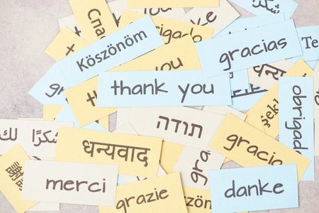 Thank you, word thanks in different languages, being grateful, support, help and charity concept,...