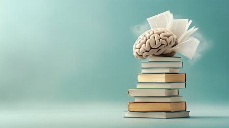 Pile of books, human brain, education, personal development of mind concept, learning new skill, have wisdom and knowledgeの素材