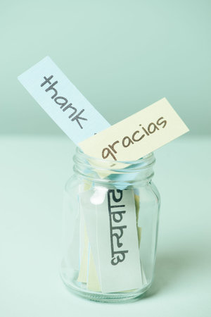 Thank you day, word thanks in different languages, being grateful, support, help and charity concept