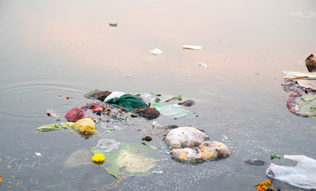 Plastic waste and environment, religious offering polluting the water of Pawai Lake in Mumbai, India, coastal cleanup dayの写真素材