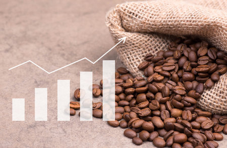 Coffee price rising, roasted arabica beans, increasing prices, inflation, global crisis, market fluctuations, high expensive living costsの写真素材