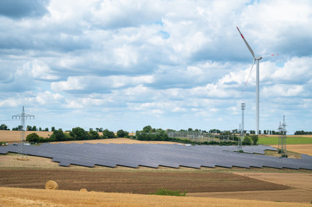 Solar panel station, wind turbine park, agriculture field with windmills, renewable sustainable energy, electricity technology, environment conversation, Germanyの写真素材