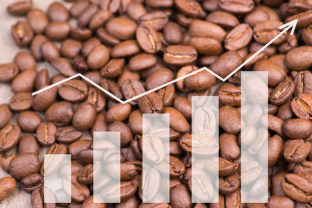 Coffee price rising, roasted arabica beans, increasing prices, inflation, global crisis, market fluctuations, high expensive living costsの写真素材