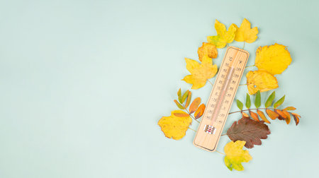 Thermometer with autumn foliage, fall season, measure the temperature, weather forecast, cold rainy...