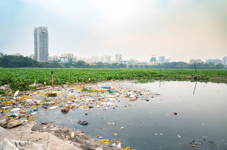 Pawai Lake with skyline of Mumbai, India, environment and plastic garbage, water pollution
