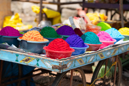 Holi festival India, market stall with colorful powder, celebrating the Hindu holiday of colors, Hinduism religion and cultureの写真素材