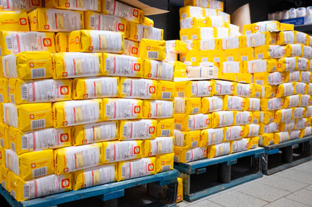 White wheat flour standing on a pallet in the supermarket aisle, Aurora brand, food in shelf, Trier, Germany, November 17th 2025のeditorial素材