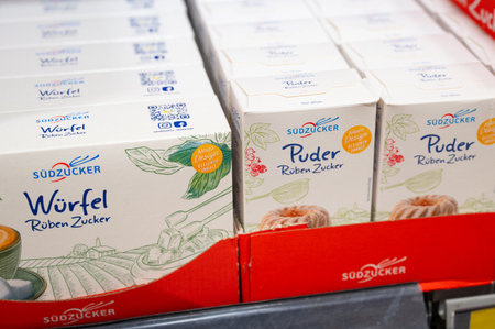 White sugar assortment at shelves in supermarket, pure cane granulated food and drink ingredient, Trier, Germany, December 27th 2025のeditorial素材