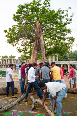 Holika Dahan, men collecting wood for ritual bonfire, Kolam colorful painting, evening of holi...