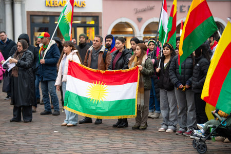 Protest of kurdish people after attacks on Rojava in North Syria, kurds demonstration in Trier, Germany, january 24th 2926のeditorial素材
