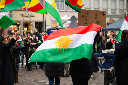 Protest of kurdish people after attacks on Rojava in North Syria, kurds demonstration in Trier,...