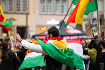 Protest of kurdish people after attacks on Rojava in North Syria, kurds demonstration in Trier,...