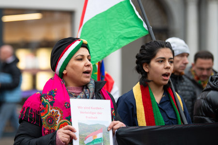 Protest of kurdish people after attacks on Rojava in North Syria, kurds demonstration in Trier,...