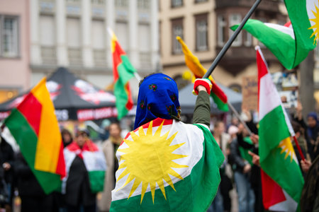 Protest of kurdish people after attacks on Rojava in North Syria, kurds demonstration in Trier, Germany, january 24th 2926のeditorial素材