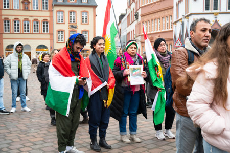 Protest of kurdish people after attacks on Rojava in North Syria, kurds demonstration in Trier, Germany, january 24th 2926のeditorial素材