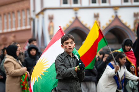 Protest of kurdish people after attacks on Rojava in North Syria, kurds demonstration in Trier,...