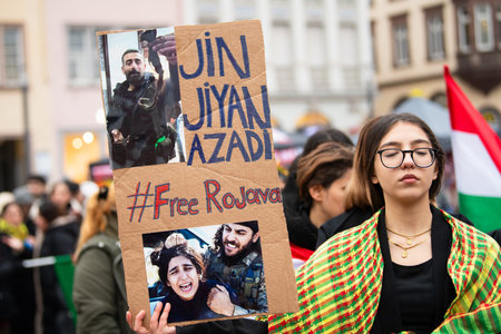 Protest of kurdish people after attacks on Rojava in North Syria, kurds demonstration in Trier, Germany, january 24th 2926のeditorial素材