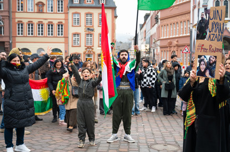 Protest of kurdish people after attacks on Rojava in North Syria, kurds demonstration in Trier, Germany, january 24th 2926のeditorial素材