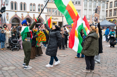 Protest of kurdish people after attacks on Rojava in North Syria, kurds demonstration in Trier, Germany, january 24th 2926のeditorial素材
