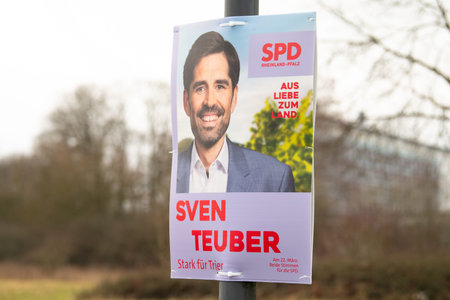 State elections Trier in Rhineland Palatinate, Germany, election poster advertising the candidate of political party, voting campaign, February 9th 2026のeditorial素材
