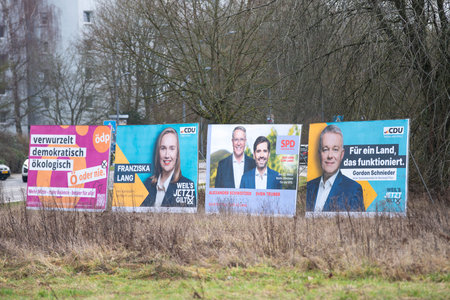 State elections Trier in Rhineland Palatinate, Germany, election poster advertising the candidate of political party, voting campaign, February 9th 2026のeditorial素材